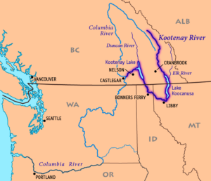 Map of the Kootenai River, its main tributaries and lakes, and major cities. | Pfly - Own work, CC