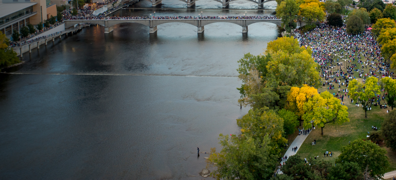 The Grand River runs through the heart of Grand Rapids, Michigan. 