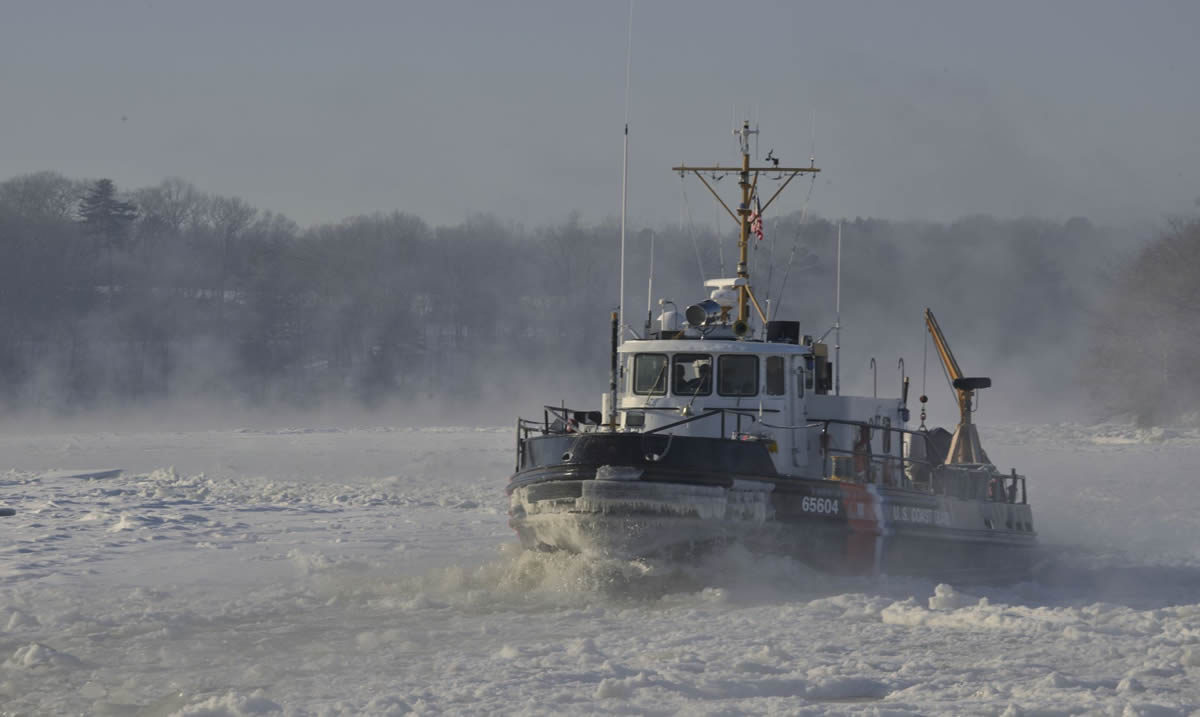 Coast Guard Cutters Tackle breaks ice and creates sea smoke along the Penobscot River in Brewer, Maine | Petty Officer 2nd Class Rob Simpson