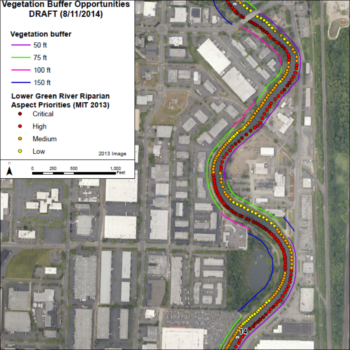 This is an example of a Sun Map, which shows potential vegetation buffer widths based on existing land use constraints. | King County, Washington