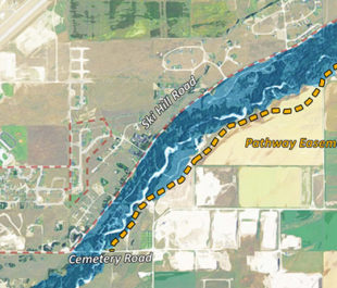 The dashed line shows the proposed route of the Teton Creek Corridor Pathway. | Credit: http://www.tetoncreekcorridor.org/