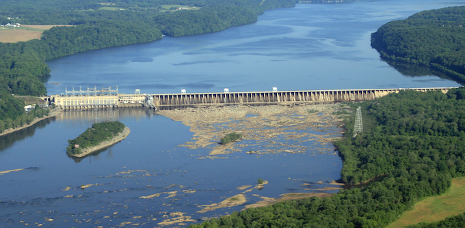 Looking upstream towards the Conowingo Dam on the Susquehanna River. Maryland is on the left and Pennsylvania is on the right