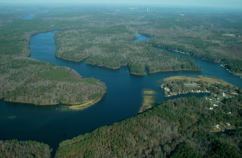 The confluence of the Mulberry Fork (L) and the Locust Fork (R) forms the Black Warrior River at Howton’s Camp.  Flight provided by SouthWings.org | Photo by Nelson Brooke