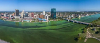 An overhead view of the algal bloom, the Maumee River, and Toledo, Ohio.| Photo: Toledo Aerial Media, www.toledoarialmedia.com