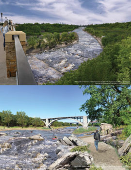 Mississippi Gorge restoration renderings from Lake Street (top) and Franklin Street (bottom).