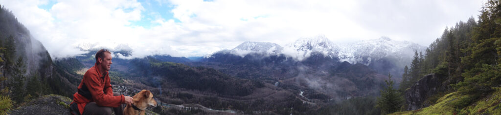 Hiker: Mike Nash. View of the Skykomish Valley from the Index Wall. | Photo: Irene Nash