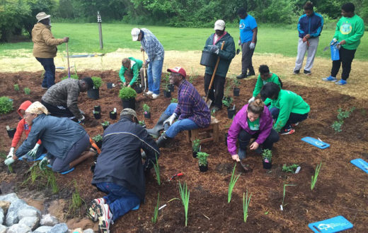 Community coming together to help at the Walnut Creek Rain Garden. | Peter Raabe