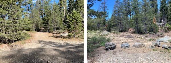 Before and after decommissioning of a forest road segment in the North Yuba River watershed. Decommissioning restores the natural topography and hydrologic processes that the road disrupted including decompaction of the soil.