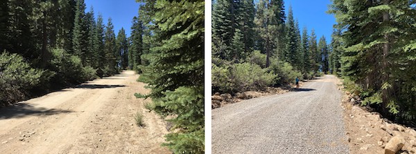 Before and after a rolling dip was installed on this forest road. The smooth depression in the roadway provides a “grade reversal” where water drains off the road but remains accessible to vehicles. This reduces the length of roadway with concentrated runoff and reduces erosion.