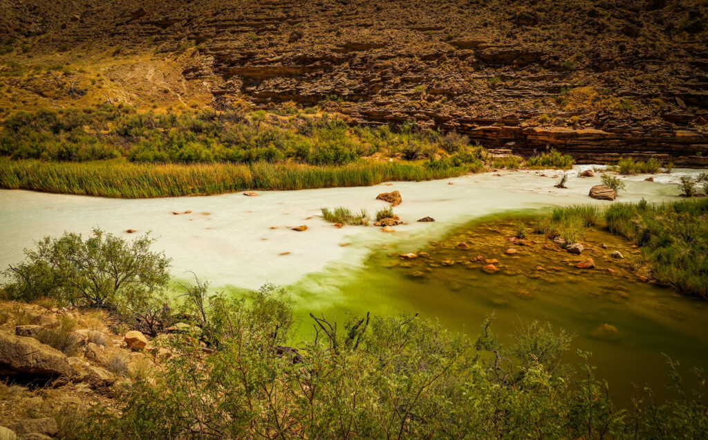 Bright blue water of the Little Colorado River joins waters of the Colorado River at the Confluence, deep in the heart of the Grand Canyon | Photo by Sinjin Eberle