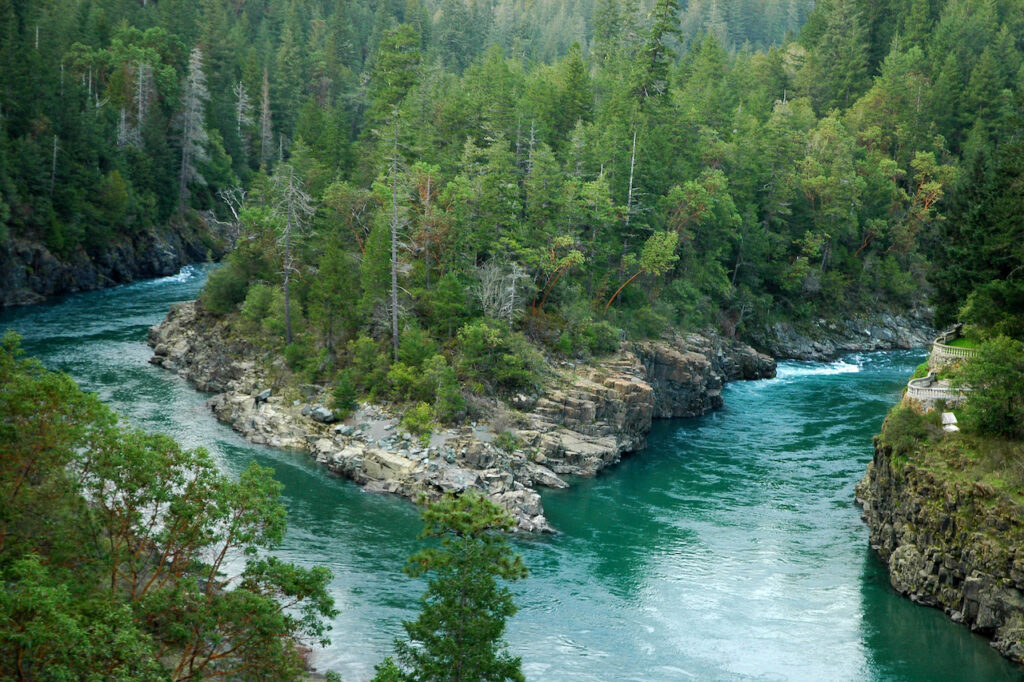 Confluence of the South Fork and Middle Fork of the Smith River in Del Norte County, taken from High 199.