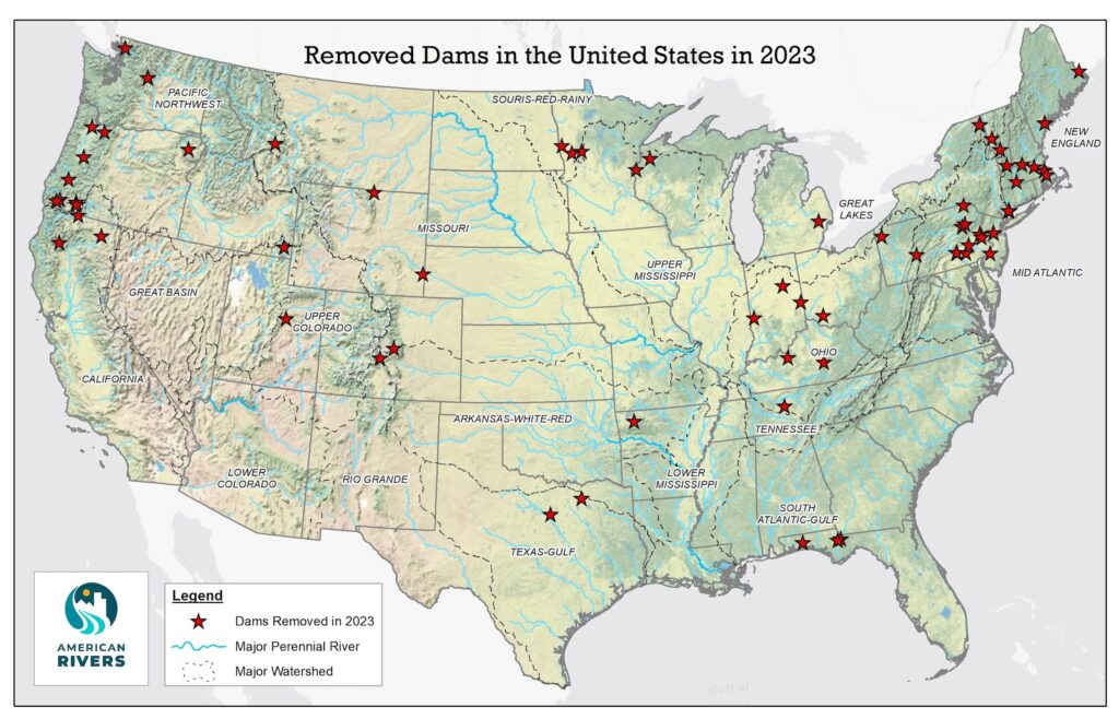 Map of dams removed in 2023